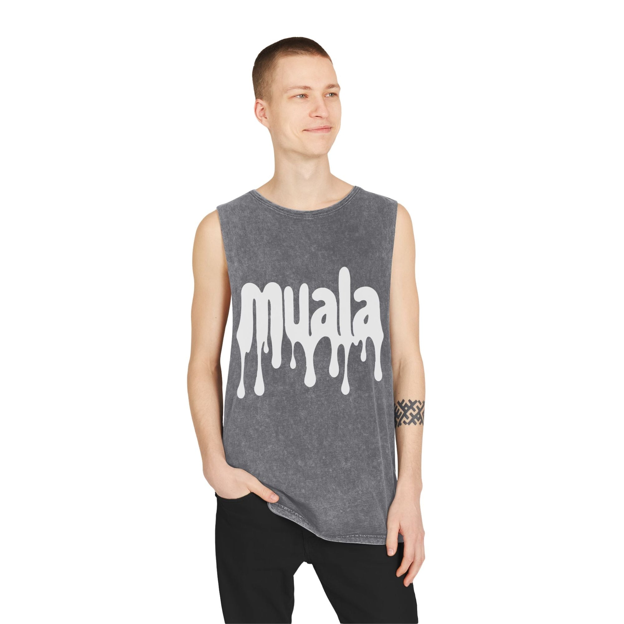 Muala® "hot mualan" stonewash tank top in vintage grey with white drippy logo, worn by male model with relaxed fit and raw sleeve edges.
