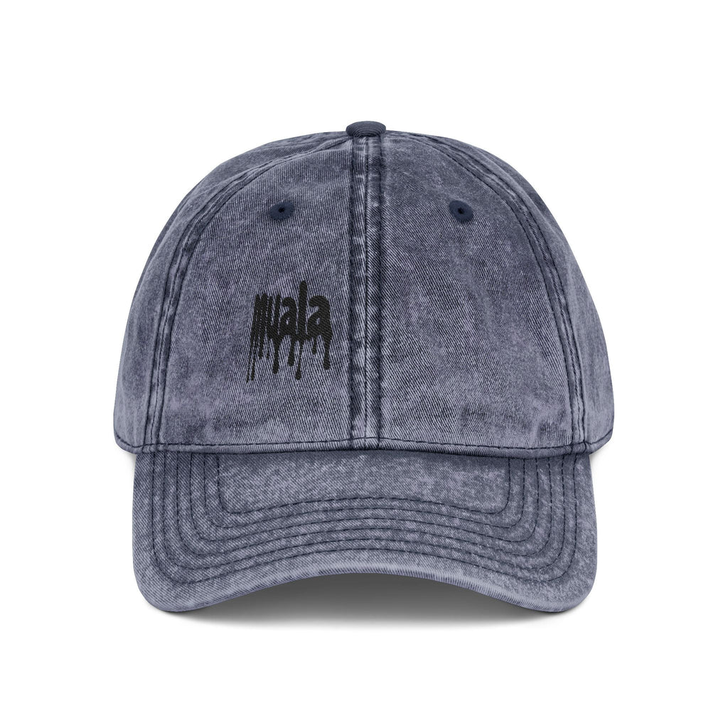 Vintage washed black Muala® "sunday pizza" cap with black embroidered logo on right front panel and distressed cotton twill fabric