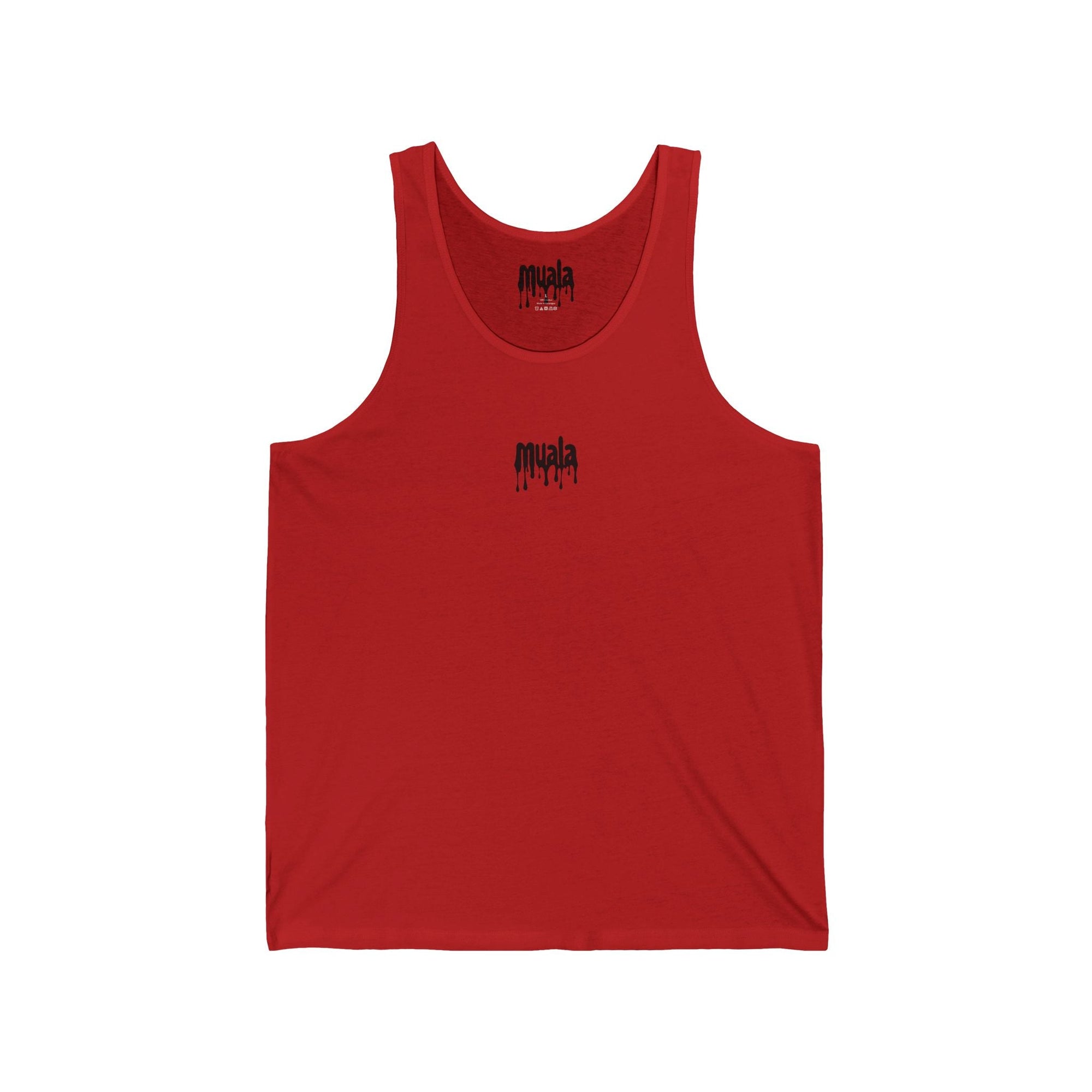 Red muala® all day summer jersey tank with black drippy logo, lightweight and breathable unisex summer wear