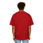 back view of a man wearing a red muala® "drippy fat" heavy oversized tee with dropped shoulders and relaxed fit