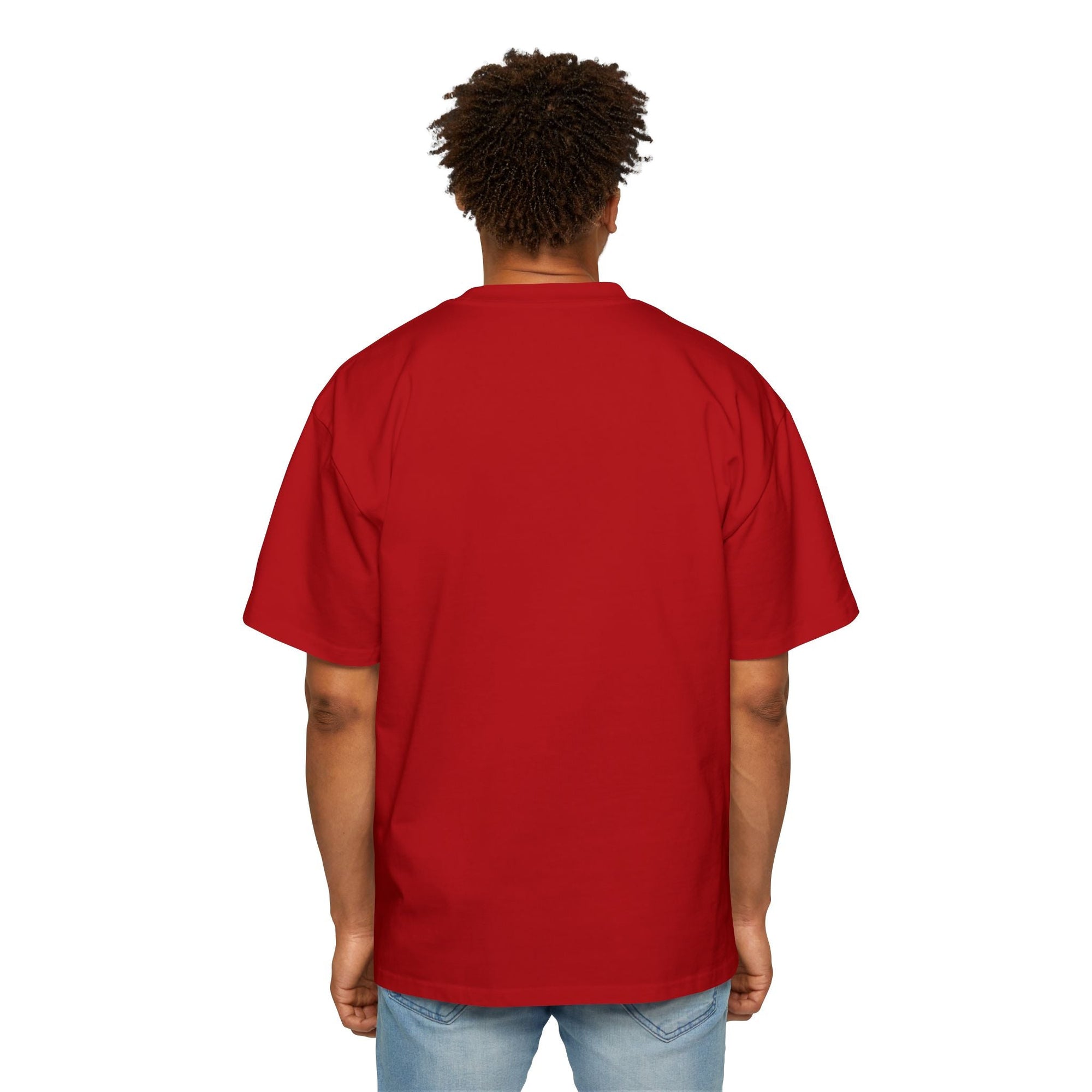 back view of a man wearing a red muala® "drippy fat" heavy oversized tee with dropped shoulders and relaxed fit