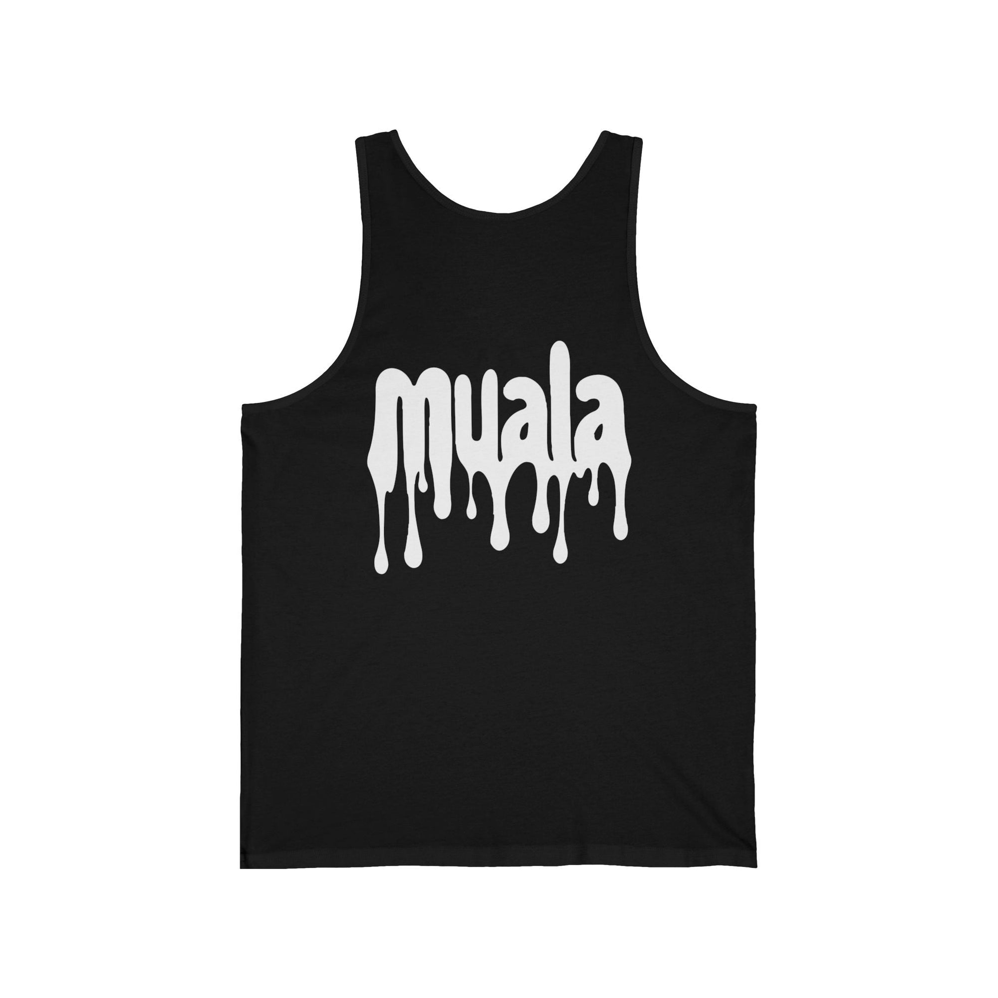 Black Muala® all day summer jersey tank top with white dripping logo, unisex fit and premium jersey fabric for comfort and style.