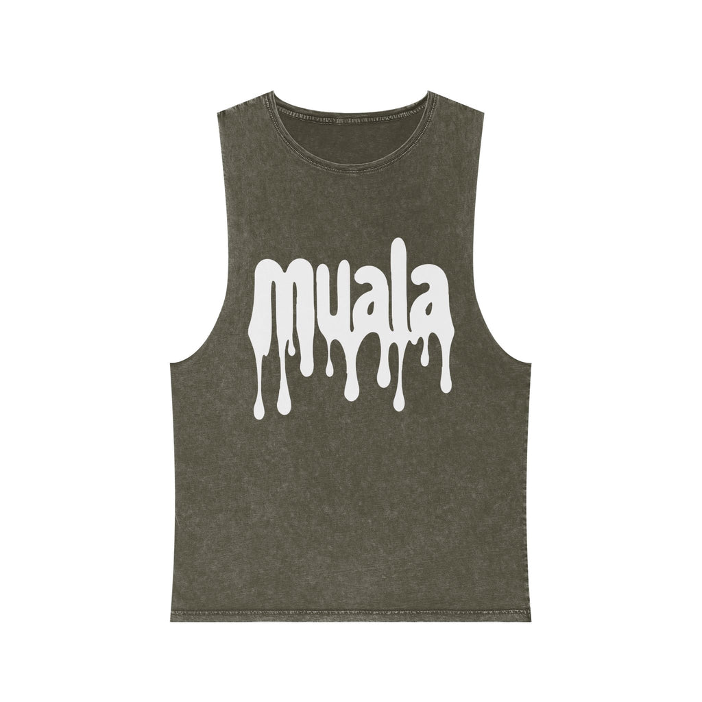 muala® "hot mualan" stonewash tank top with raw edge sleeves and dripping logo design in vintage washed cotton