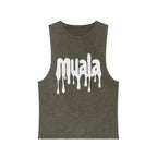 muala® "hot mualan" stonewash tank top with raw edge sleeves and dripping logo design in vintage washed cotton