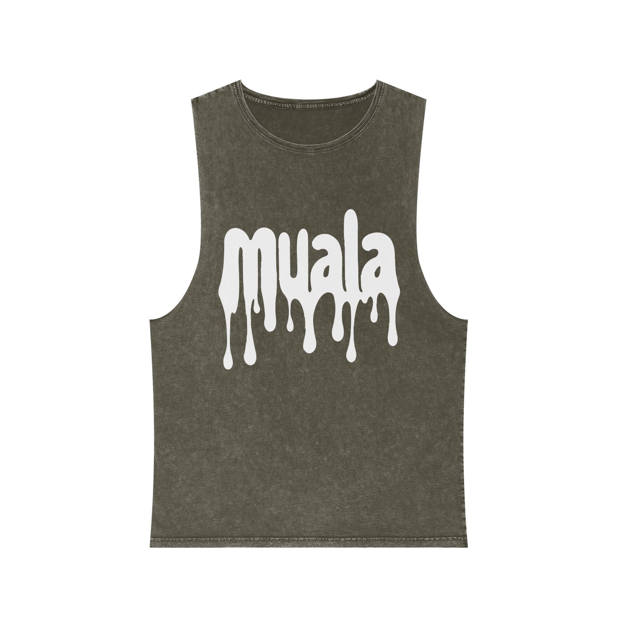 muala® "hot mualan" stonewash tank top with raw edge sleeves and dripping logo design in vintage washed cotton