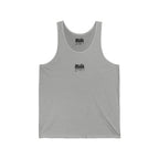 gray muala all day summer jersey tank top with black logo on chest