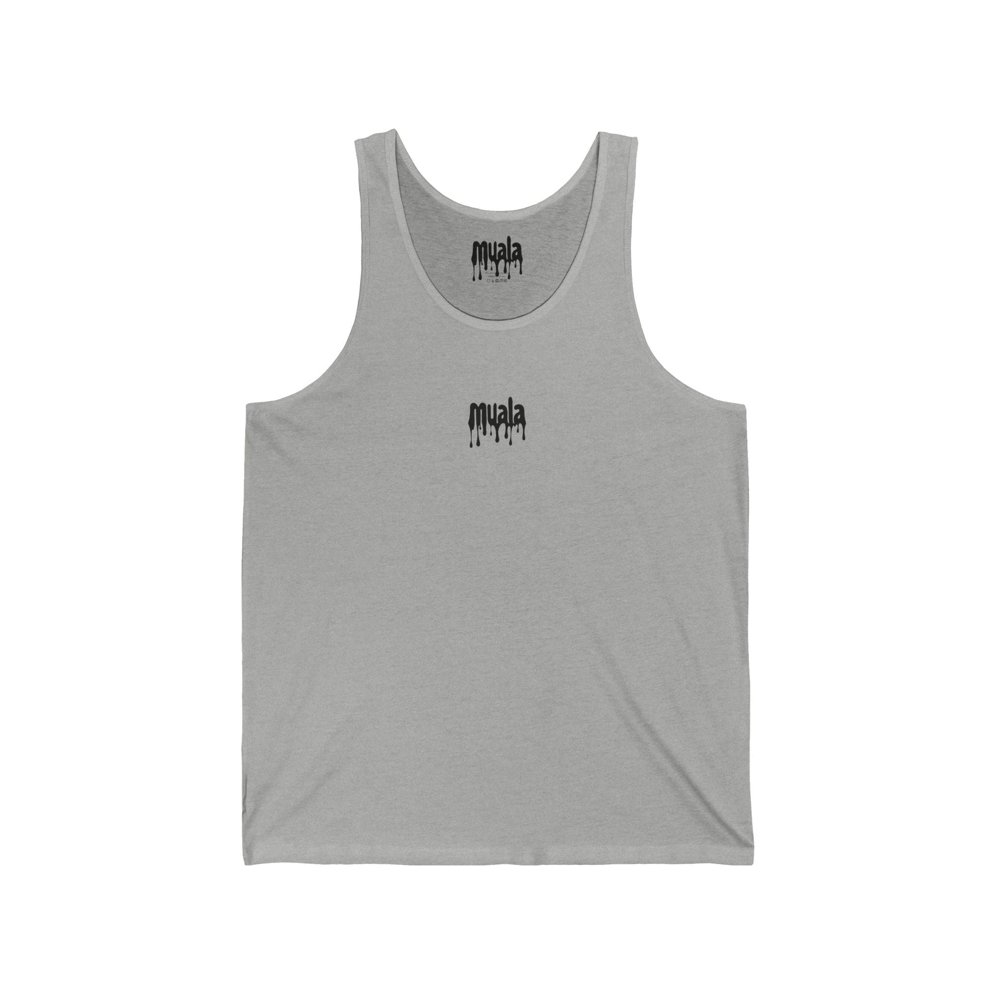 gray muala all day summer jersey tank top with black logo on chest