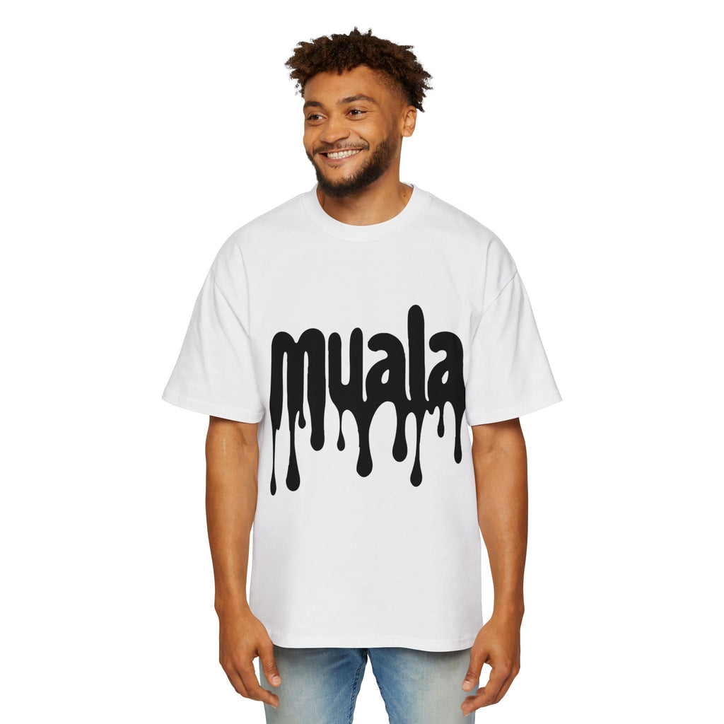 Man wearing white muala® "drippy fat" heavy oversized tee with black dripping logo design