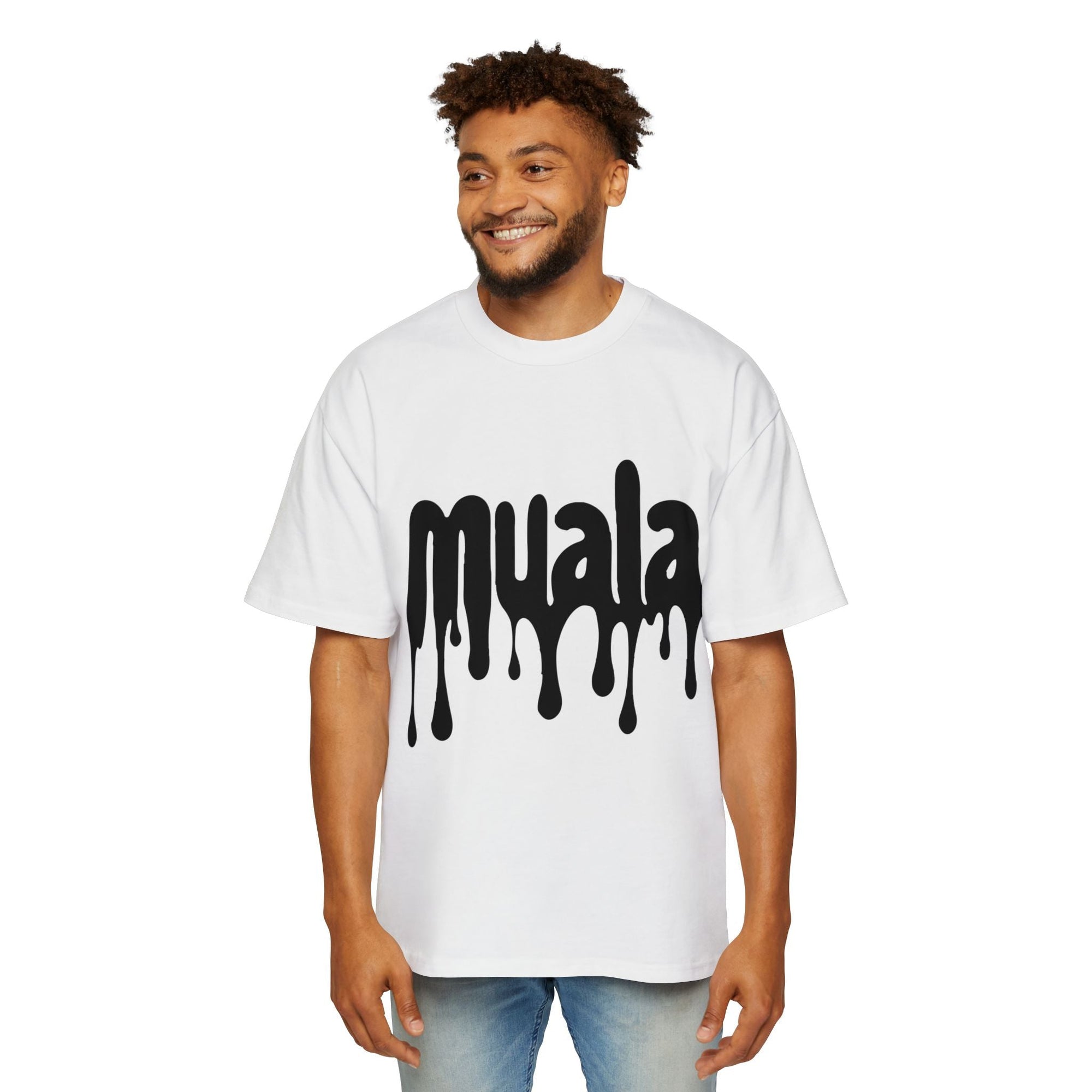 Man wearing white muala® "drippy fat" heavy oversized tee with black dripping logo design