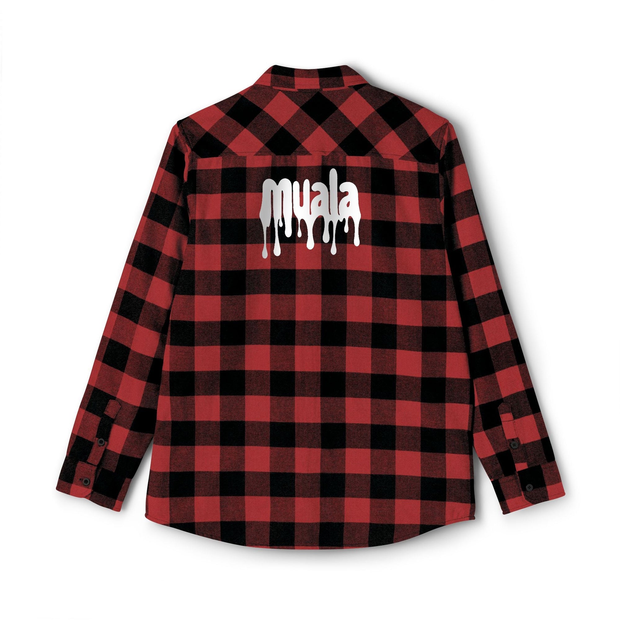 red and black heavyweight flannel shirt with "muala" logo on back in white dripping font