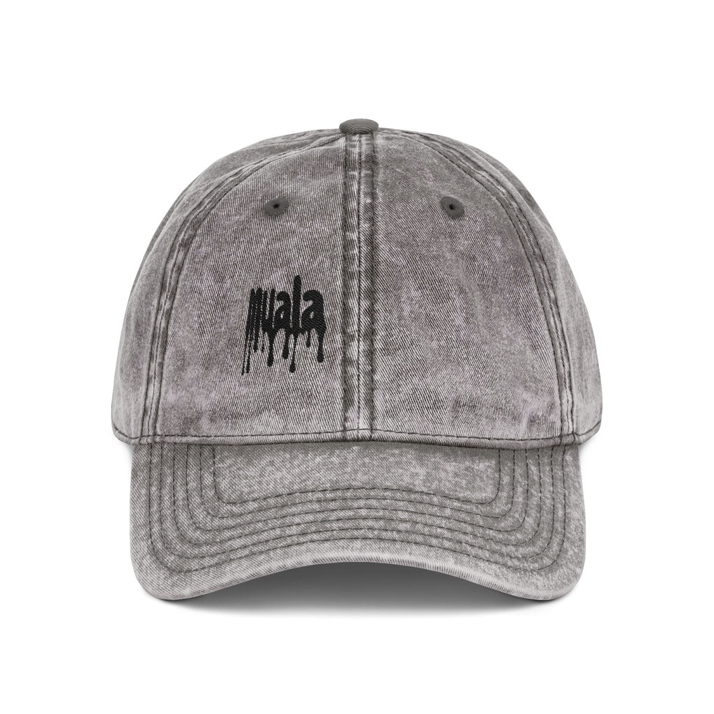 Vintage washed gray Muala® "sunday pizza" cap with black embroidered logo on right front panel, 100% cotton twill, distressed finish
