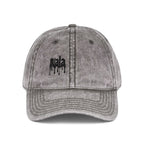 Vintage washed gray Muala® "sunday pizza" cap with black embroidered logo on right front panel, 100% cotton twill, distressed finish