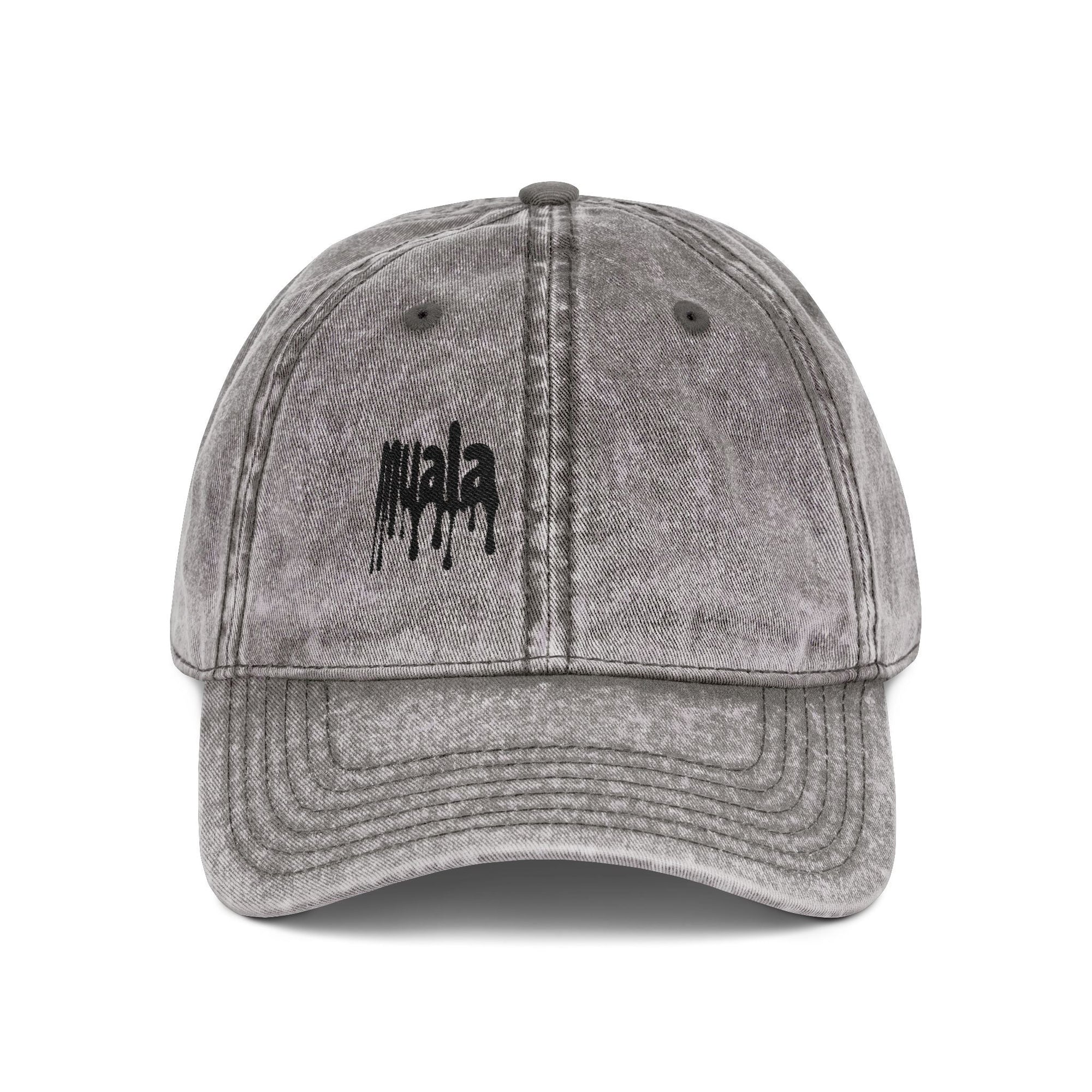 Vintage washed gray Muala® "sunday pizza" cap with black embroidered logo on right front panel, 100% cotton twill, distressed finish