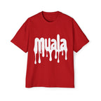Red muala® "drippy fat" heavy oversized tee with white dripping logo print and dropped shoulder design