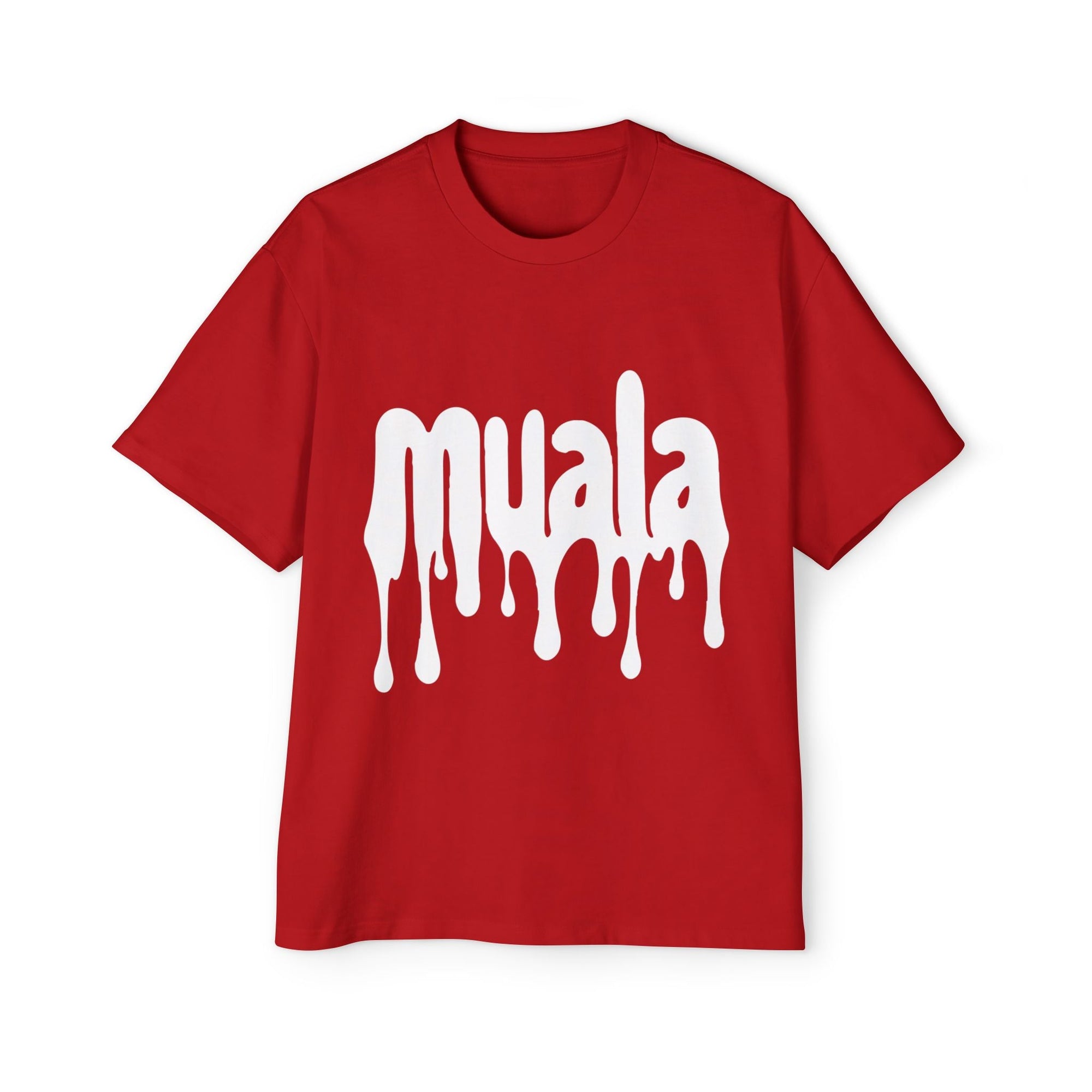 Red muala® "drippy fat" heavy oversized tee with white dripping logo print and dropped shoulder design