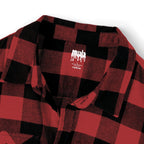 Close-up of muala® "Late Night Kebab" heavyweight flannel red and black classic plaid shirt collar with logo inside