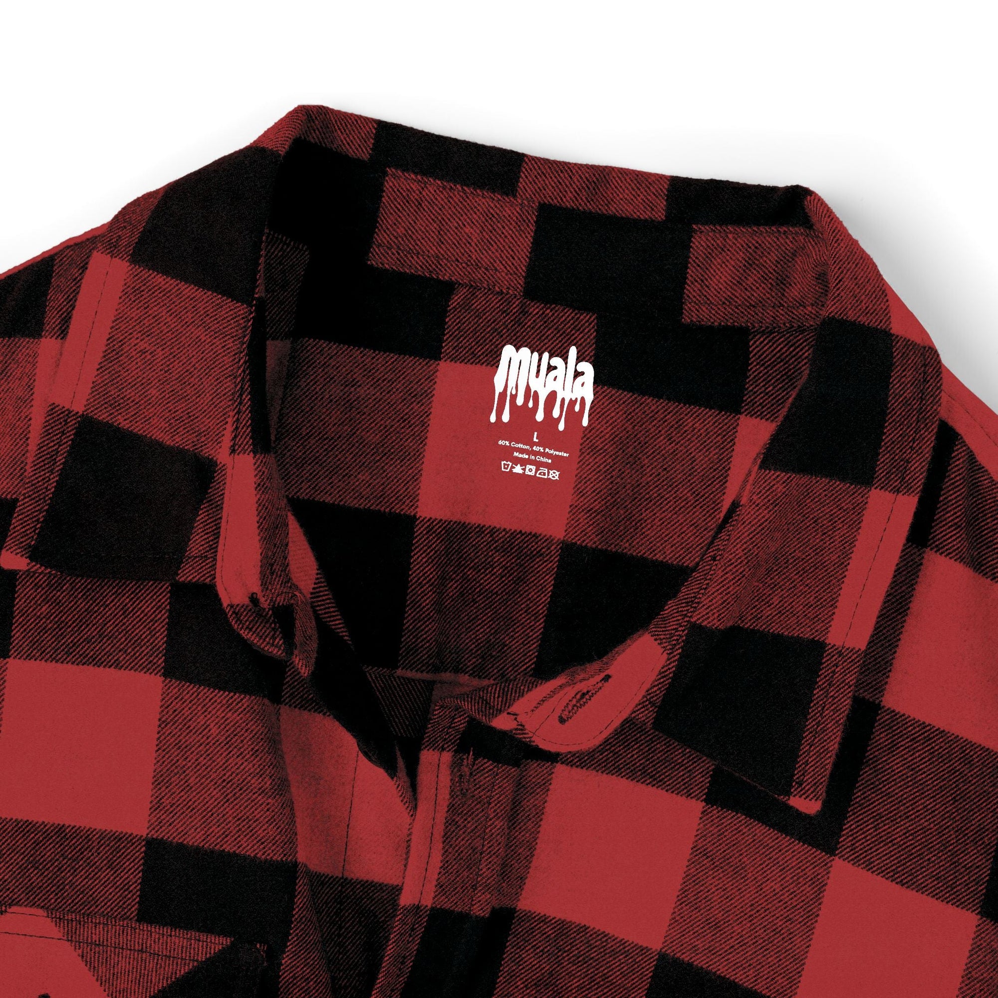 Close-up of muala® "Late Night Kebab" heavyweight flannel red and black classic plaid shirt collar with logo inside