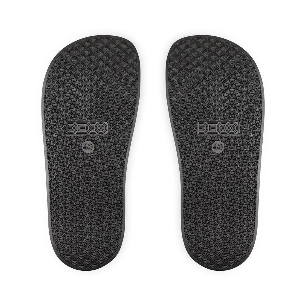 Black textured anti-slip sole pads for Muala® "flip fat flop" men's sandals size 40 with embossed DECO logo