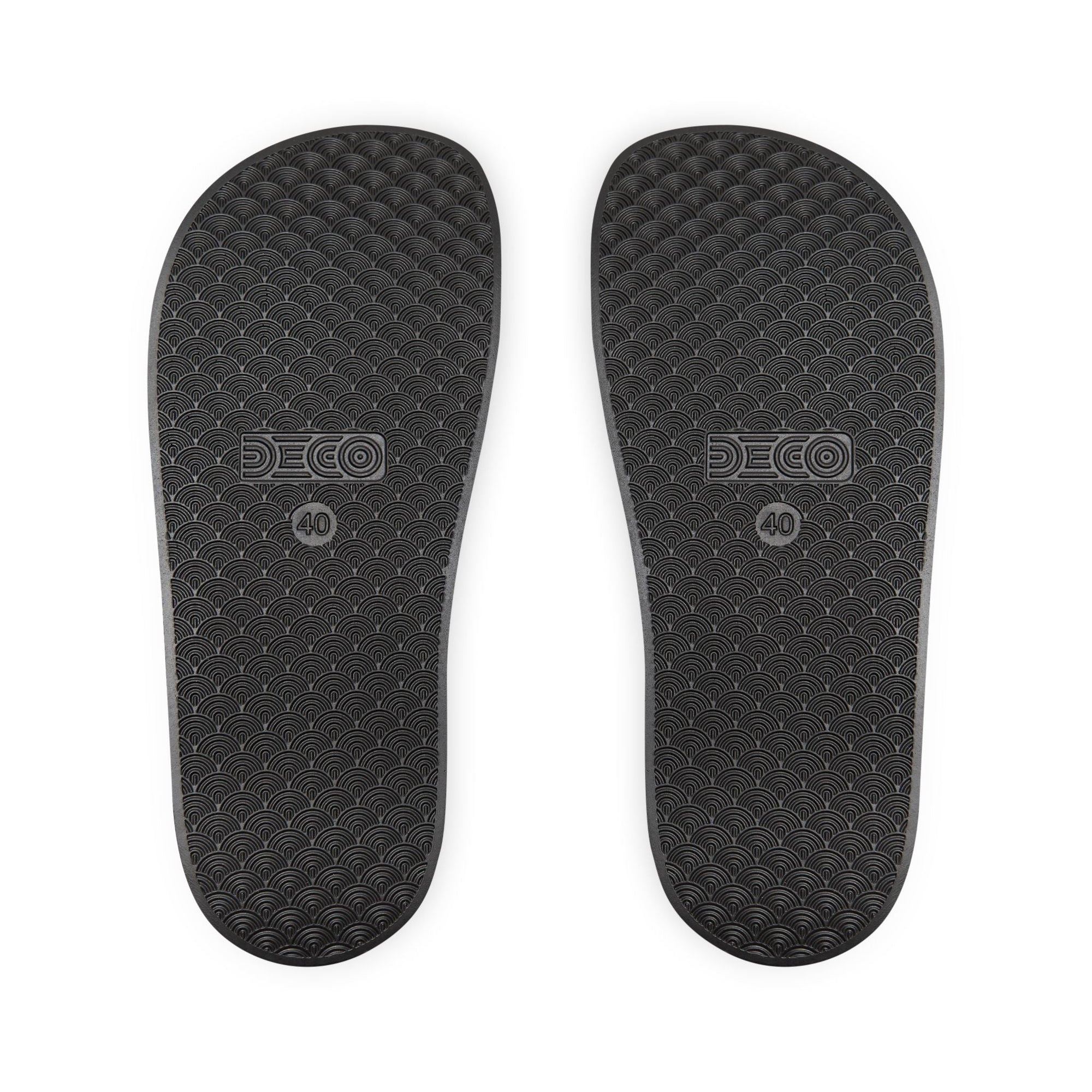 Black textured anti-slip sole pads for Muala® "flip fat flop" men's sandals size 40 with embossed DECO logo