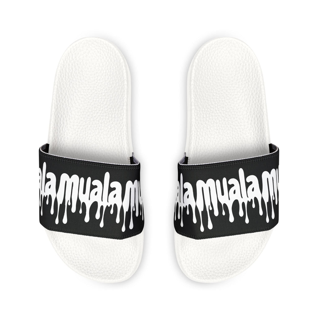 Top view of Muala® "flip fat flop" men's sandals with white textured soles and black adjustable straps featuring white dripping logo design.