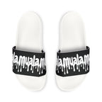 Top view of Muala® "flip fat flop" men's sandals with white textured soles and black adjustable straps featuring white dripping logo design.