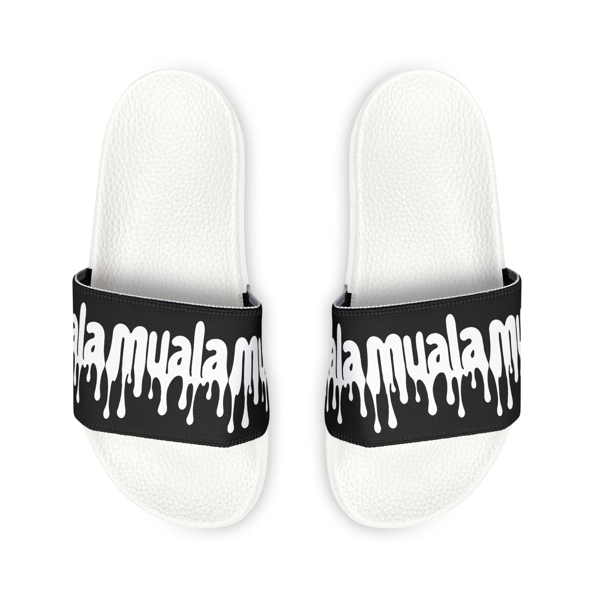 Top view of Muala® "flip fat flop" men's sandals with white textured soles and black adjustable straps featuring white dripping logo design.