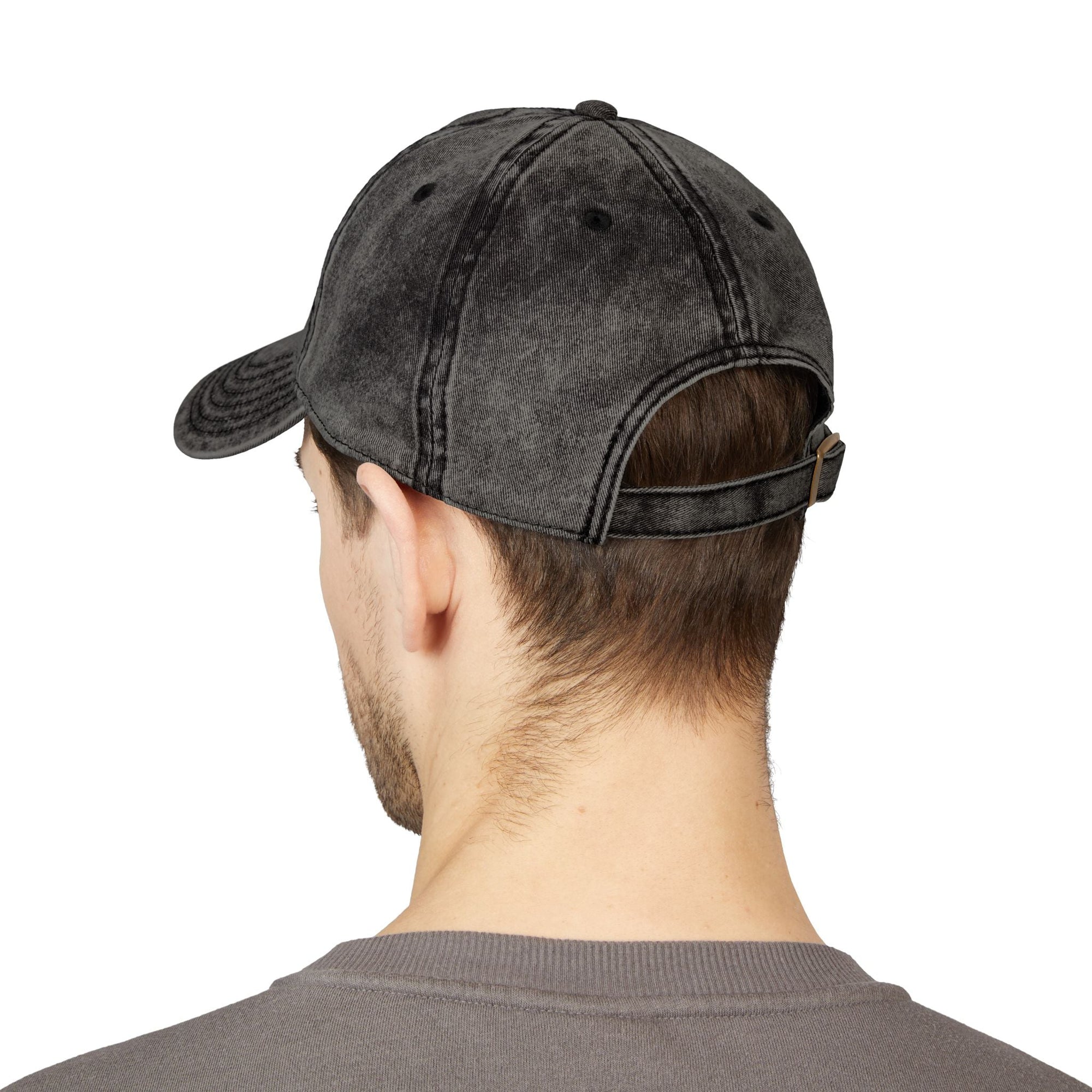 Back view of a black distressed cotton twill Muala® "sunday pizza" Cap with adjustable metal snap buckle on a male model