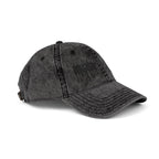 Black distressed Muala® "sunday pizza" cap with black embroidered logo on right front panel and adjustable antique brass buckle.
