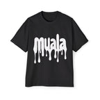 Black oversized t-shirt with white dripping "muala" logo in heavy cotton fabric