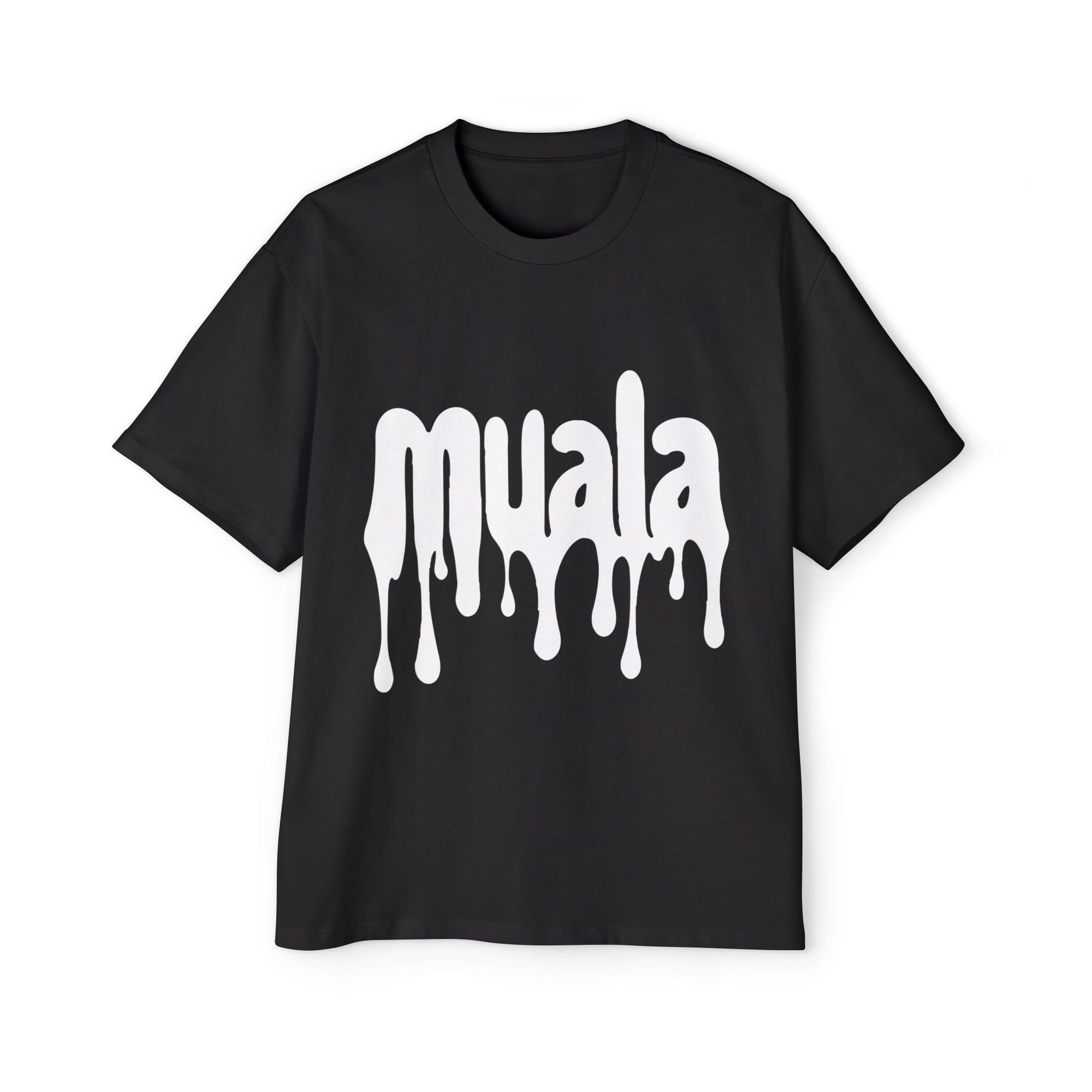 Black oversized t-shirt with white dripping "muala" logo in heavy cotton fabric