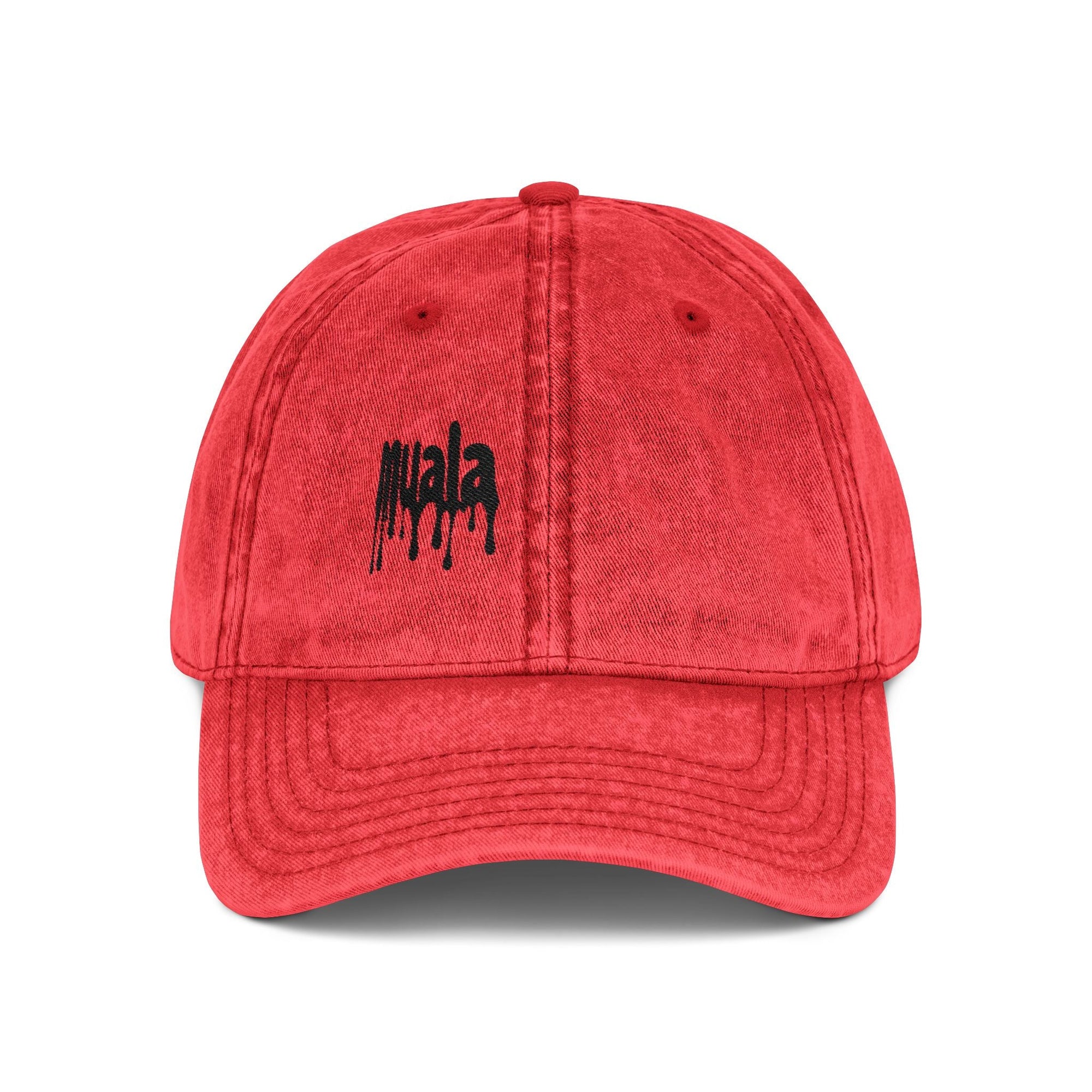 Red distressed Muala® "sunday pizza" cap with black embroidered logo on right front panel, vintage cotton twill design.