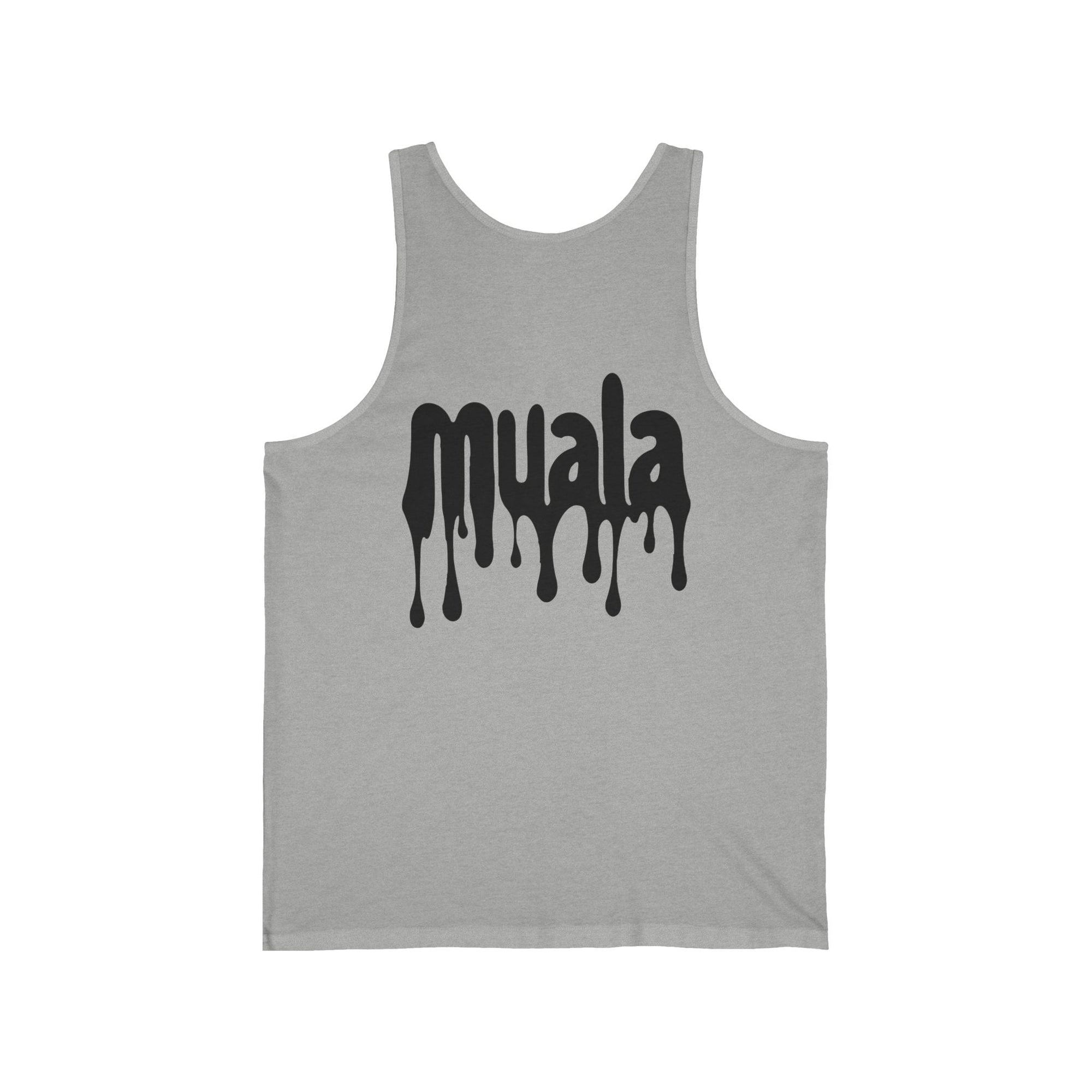 gray all day summer jersey tank top with black dripping muala logo