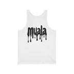 white unisex jersey tank top with black dripping muala logo, lightweight summer comfort