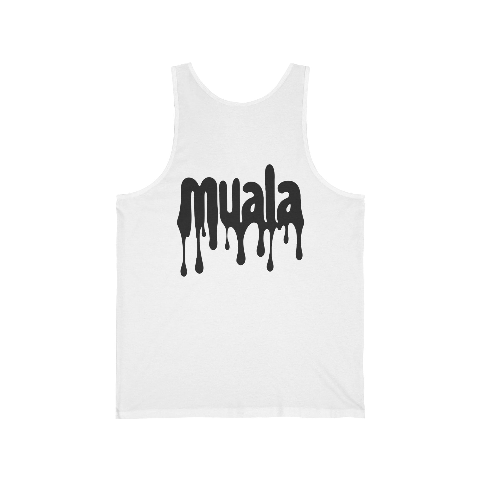 white unisex jersey tank top with black dripping muala logo, lightweight summer comfort