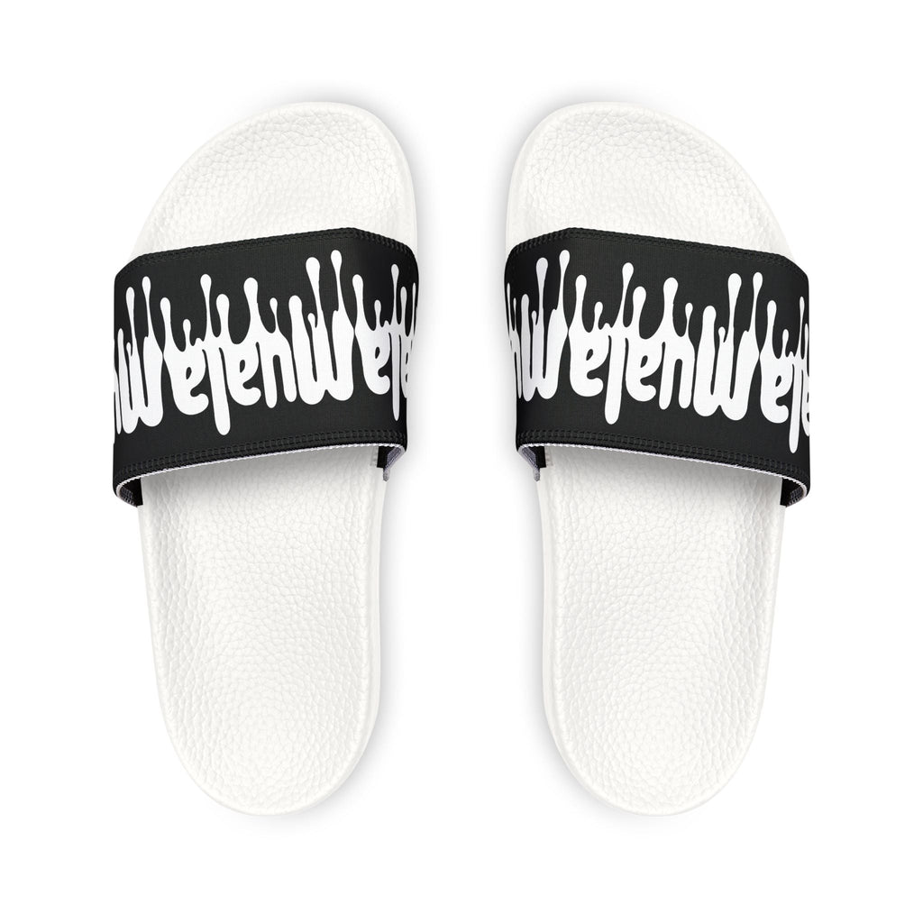 Top view of Muala® flip fat flop men's sandals with black removable straps featuring white drip-style logo on textured white cushioned soles designed for comfort and durability.