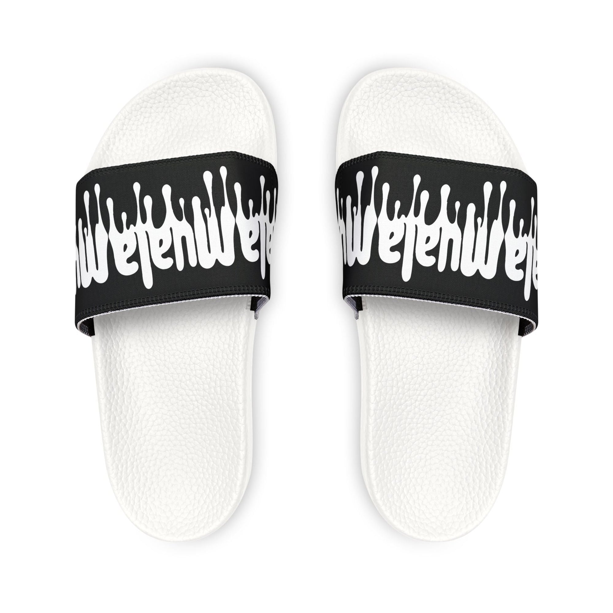 Top view of Muala® flip fat flop men's sandals with black removable straps featuring white drip-style logo on textured white cushioned soles designed for comfort and durability.