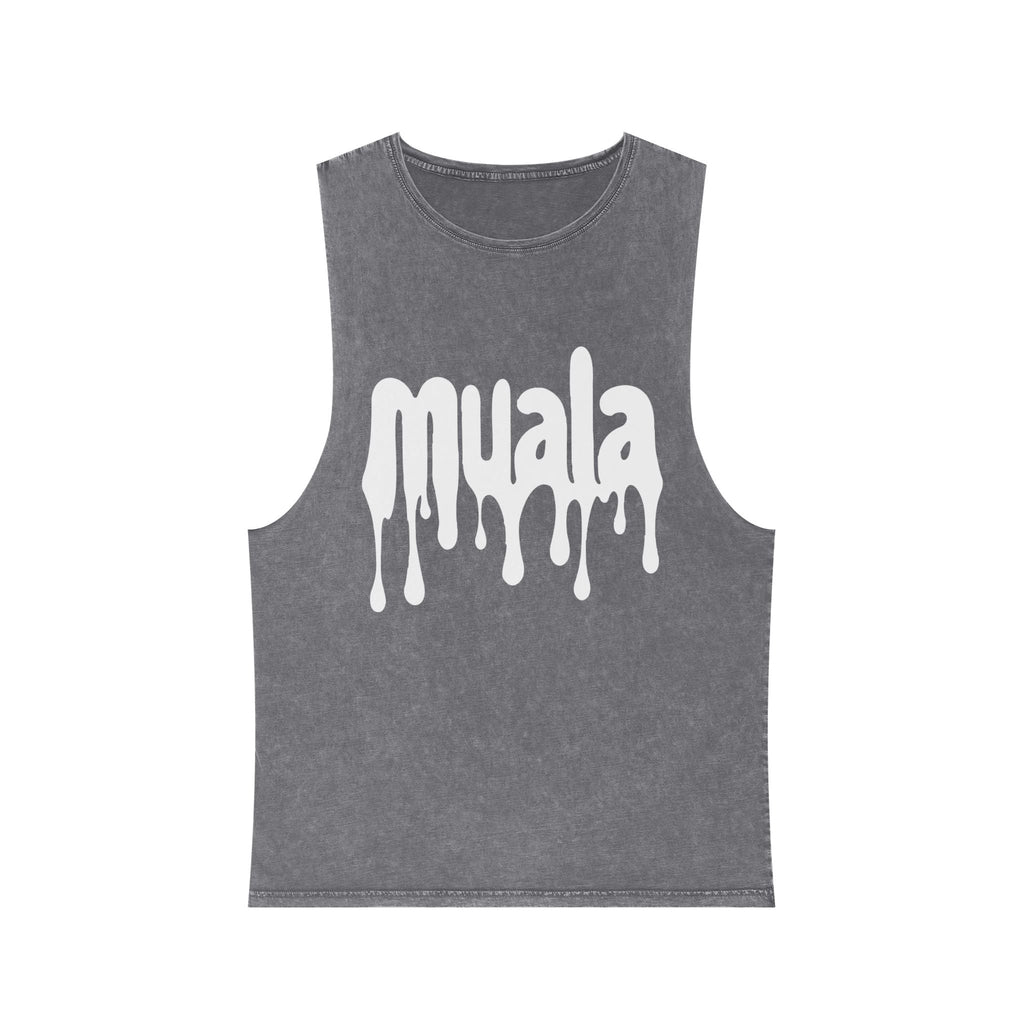 muala® "hot mualan" stonewash tank top with raw edges and dripping logo design