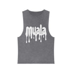 muala® "hot mualan" stonewash tank top with raw edges and dripping logo design
