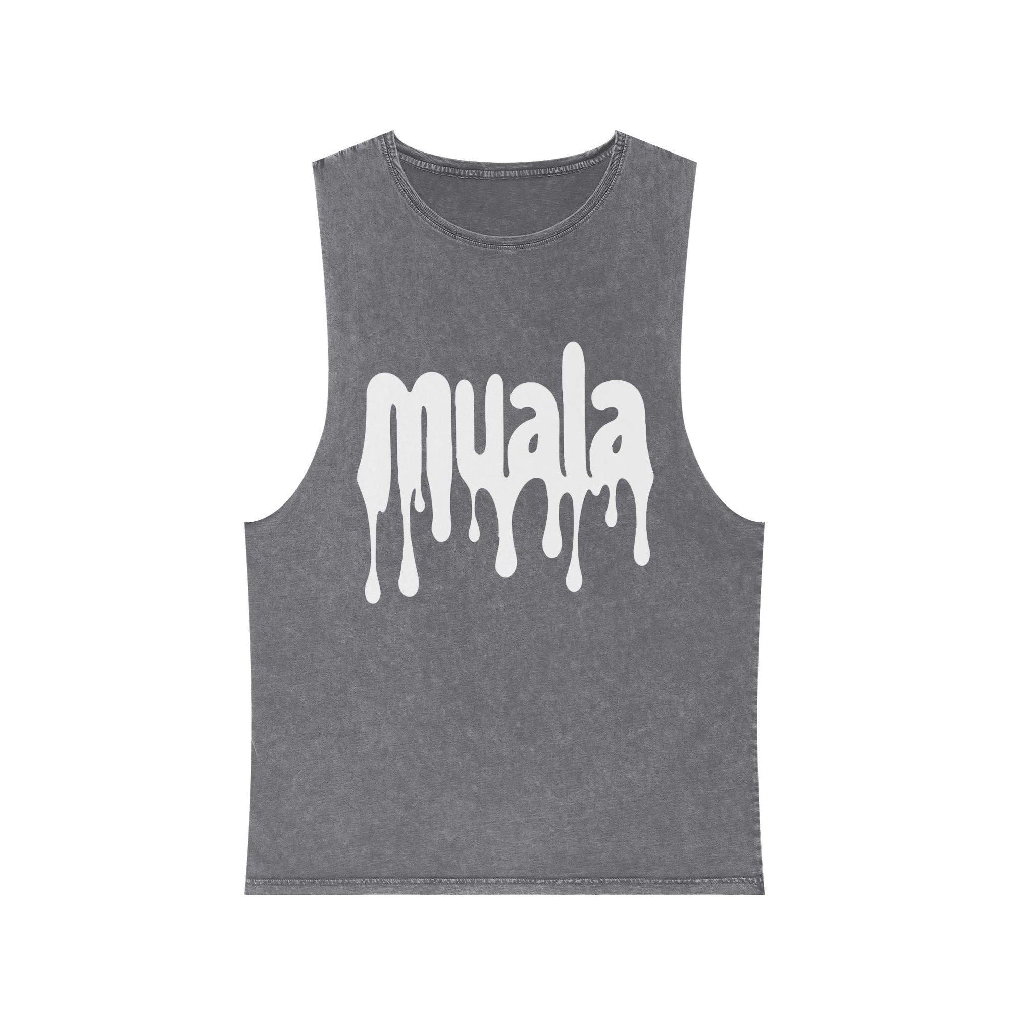 muala® "hot mualan" stonewash tank top with raw edges and dripping logo design