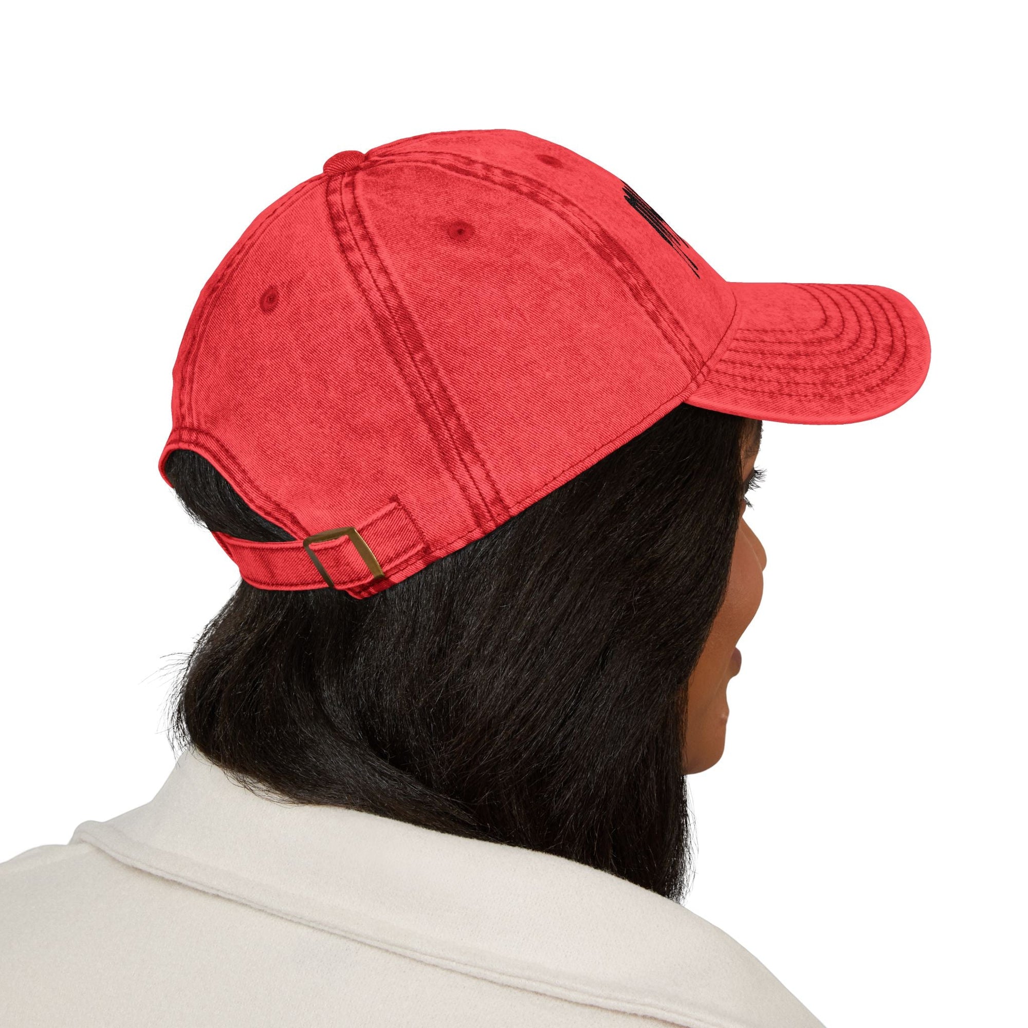 Red distressed Muala® "sunday pizza" cap with black logo embroidery on right front panel, adjustable metal snap buckle and vintage wash finish.