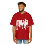 Red oversized men's tee with white dripping "muala" logo, dropped shoulder design, and heavy cotton fabric for casual comfort and style.