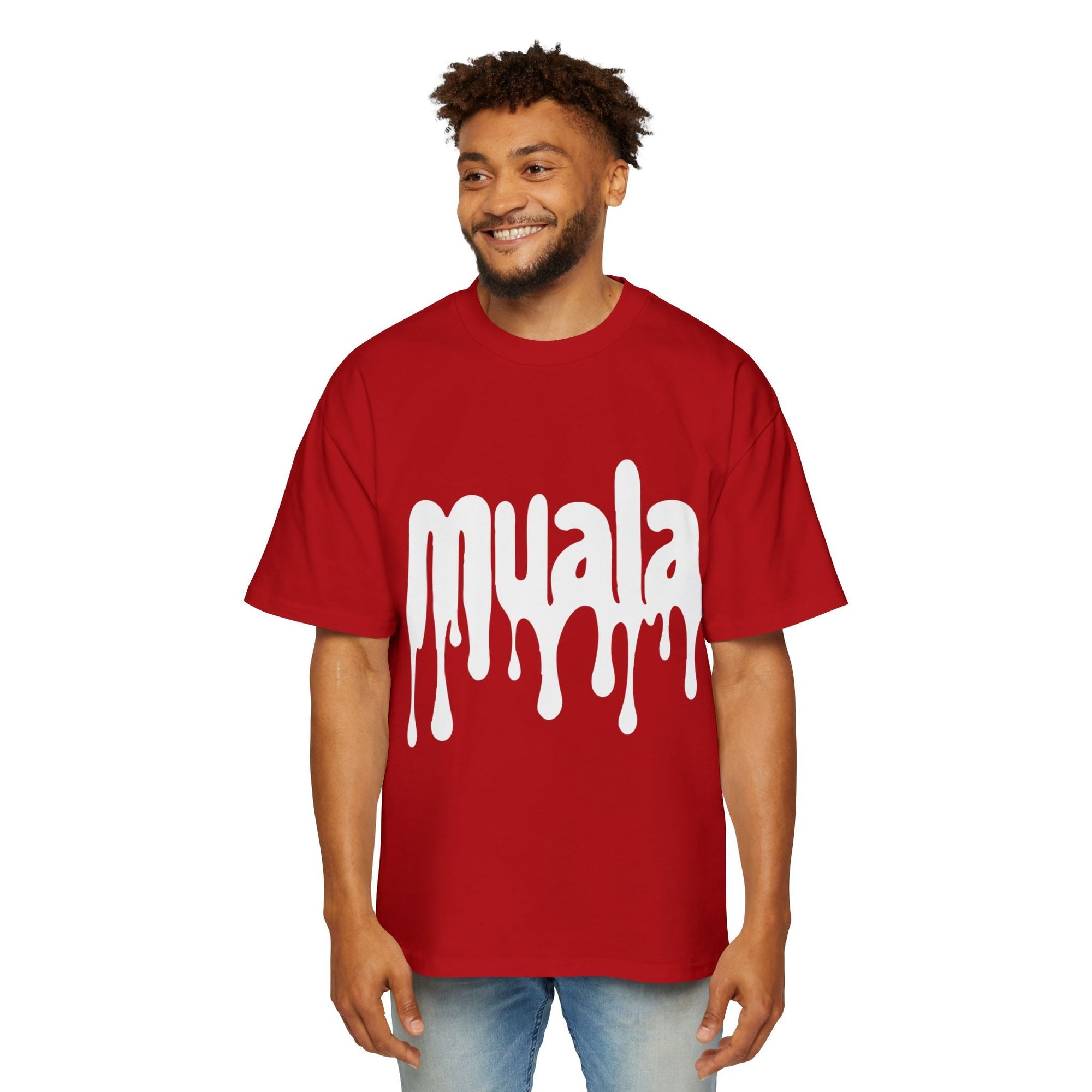 Red oversized men's tee with white dripping "muala" logo, dropped shoulder design, and heavy cotton fabric for casual comfort and style.