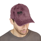 Vintage maroon Muala® "sunday pizza" cap with distressed cotton twill and black logo embroidery on front panel worn by model