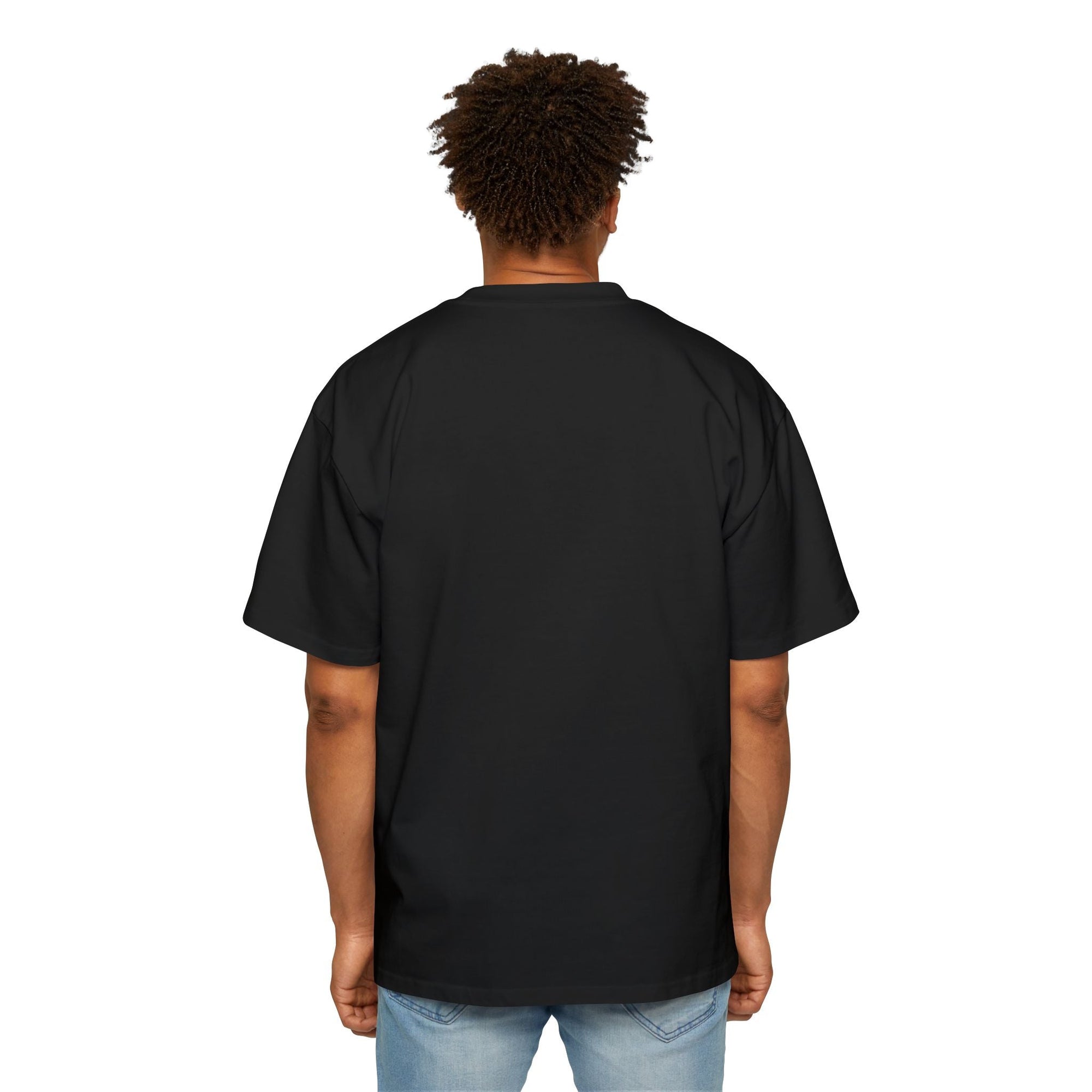 Back view of man wearing black muala® "drippy fat" heavy oversized tee with dropped shoulder design and relaxed fit