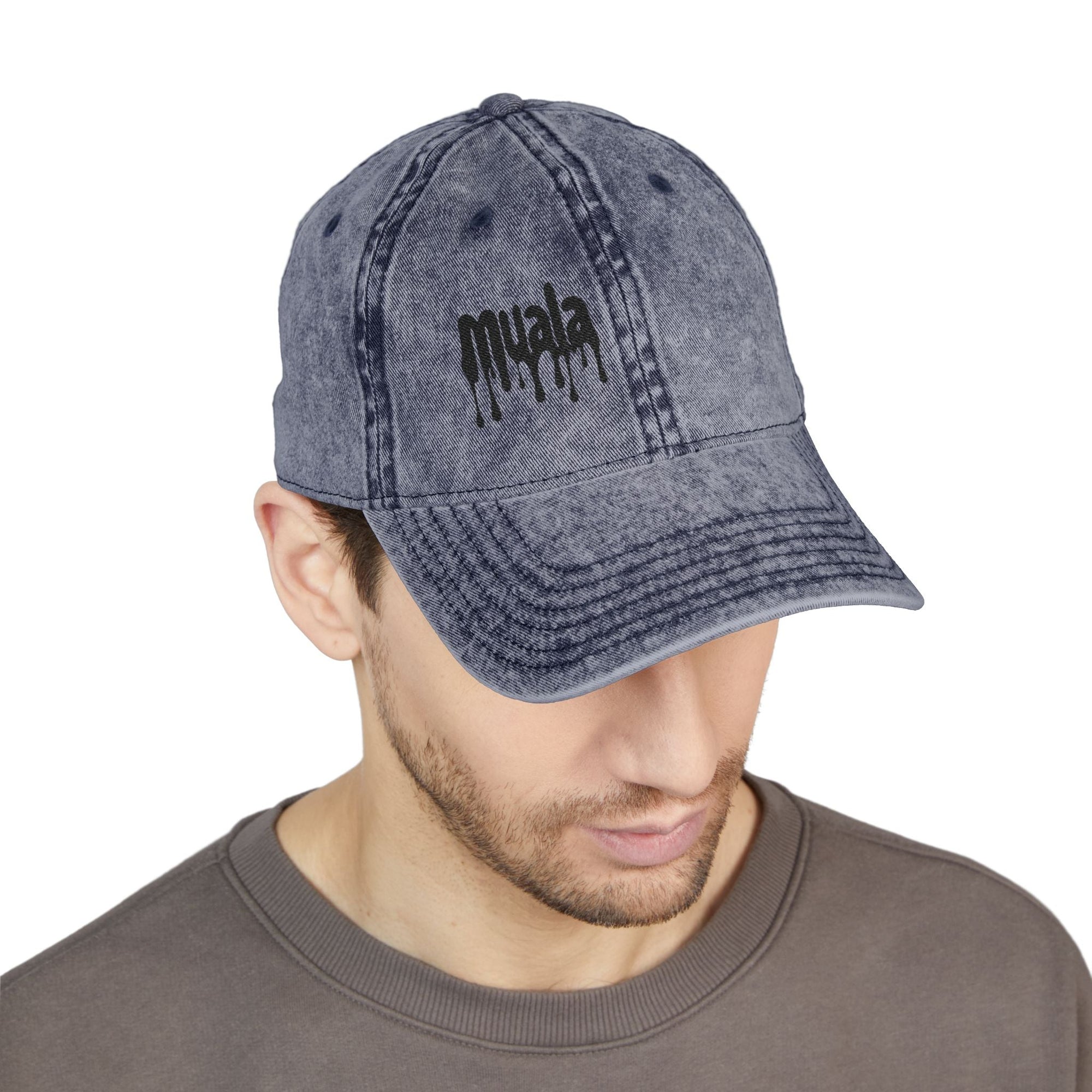 Muala® "sunday pizza" Cap in distressed navy cotton twill with black embroidered logo on right front panel