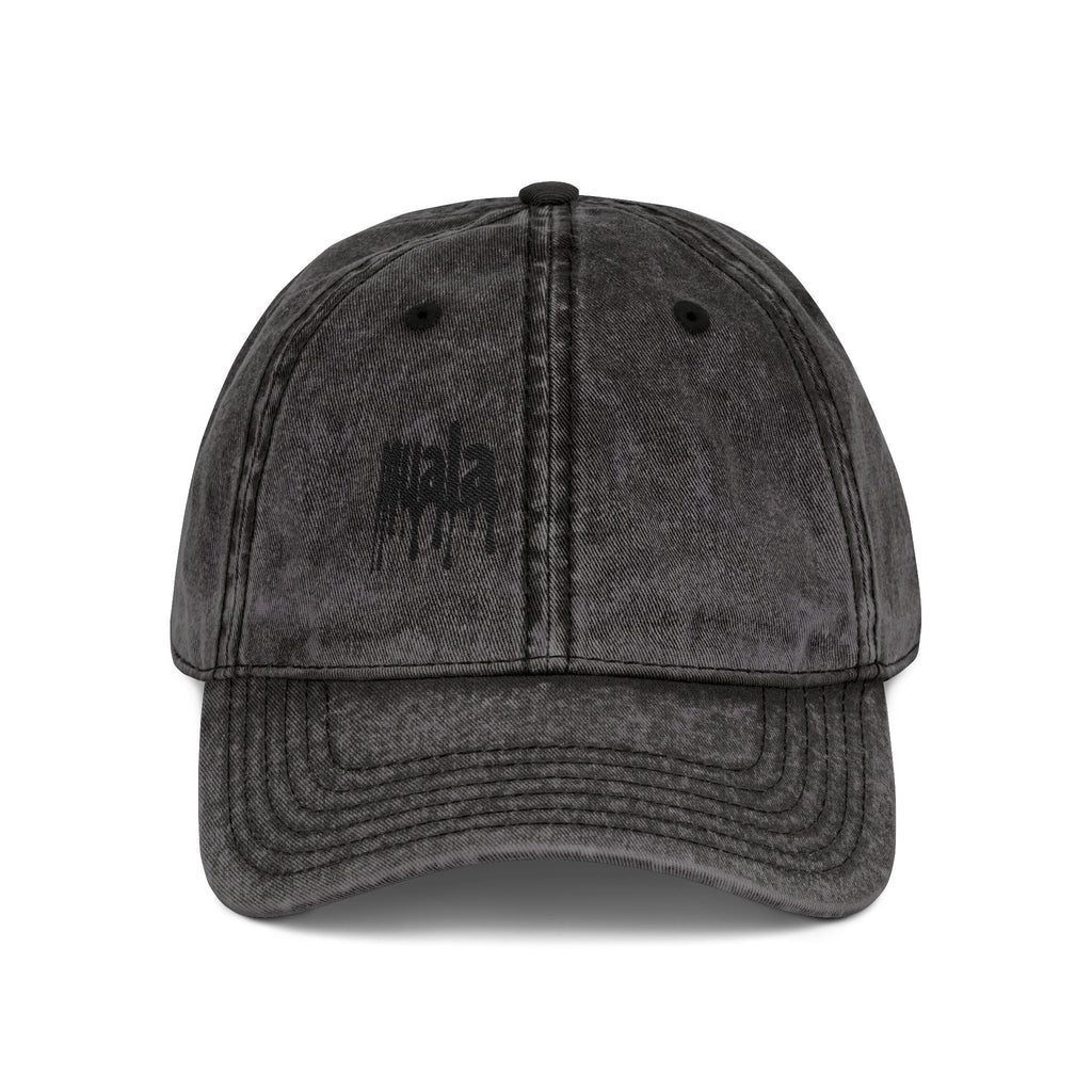 Black distressed cotton twill Muala® "sunday pizza" cap with black embroidered logo on right front panel and vintage washed finish