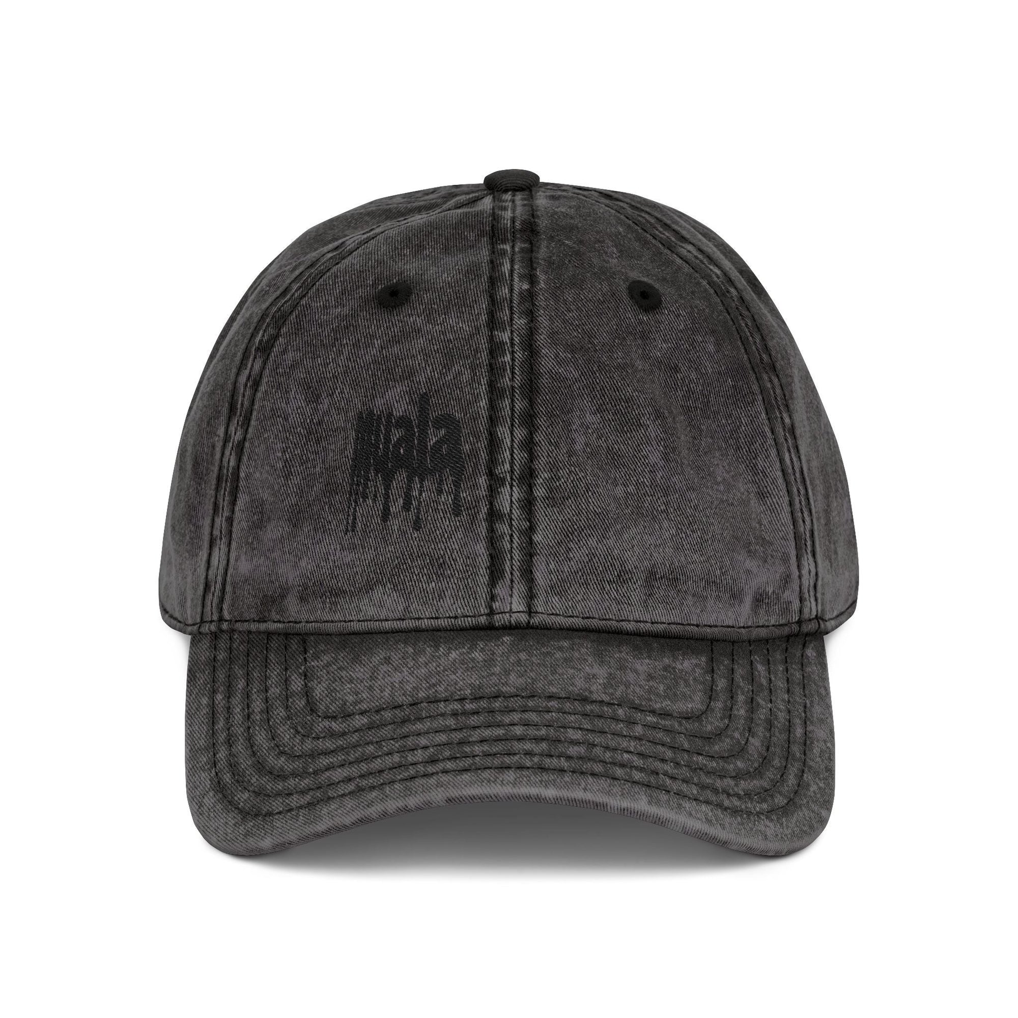 Black distressed cotton twill Muala® "sunday pizza" cap with black embroidered logo on right front panel and vintage washed finish