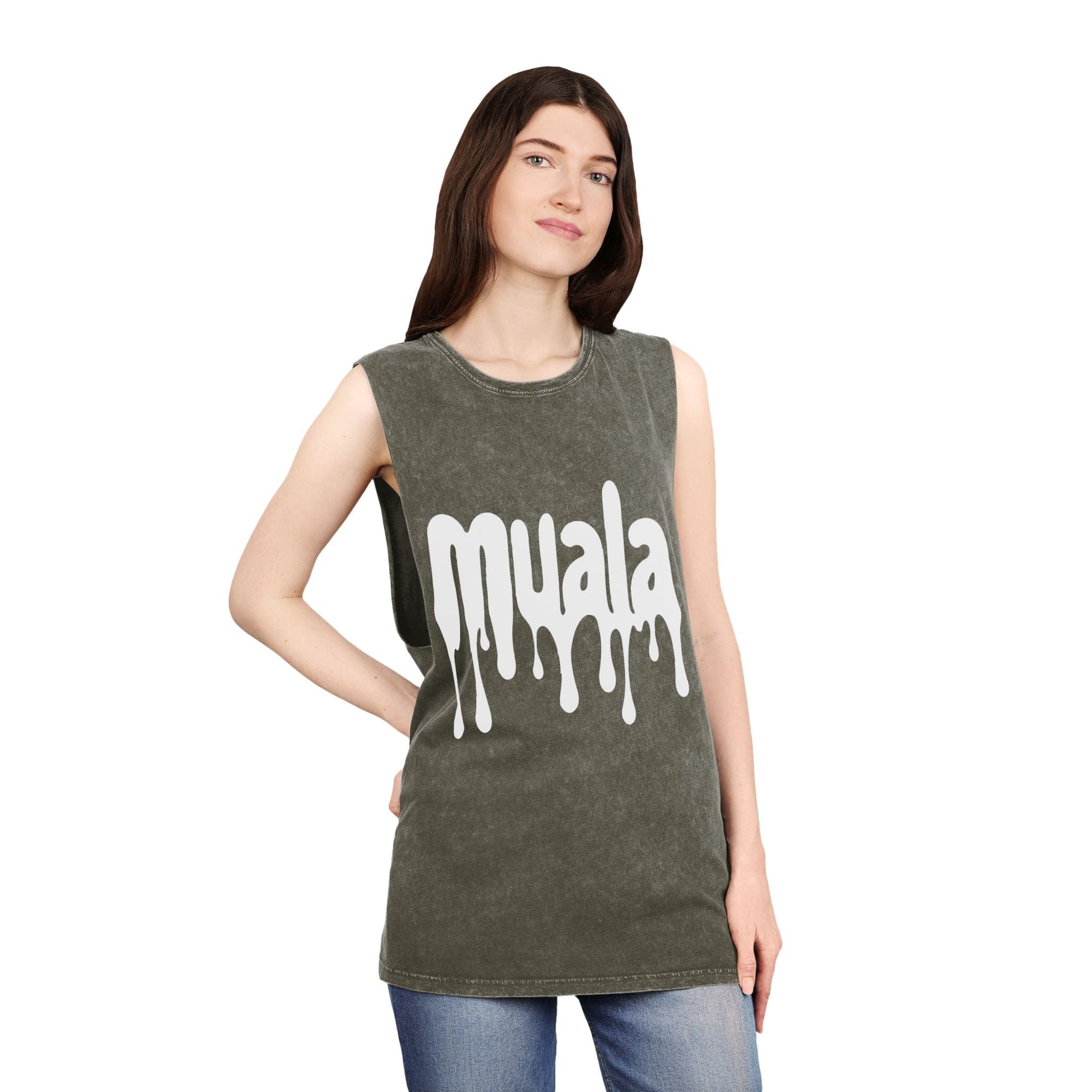 Woman wearing muala® "hot mualan" stonewash tank top with vintage dripping logo and raw sleeve edges.