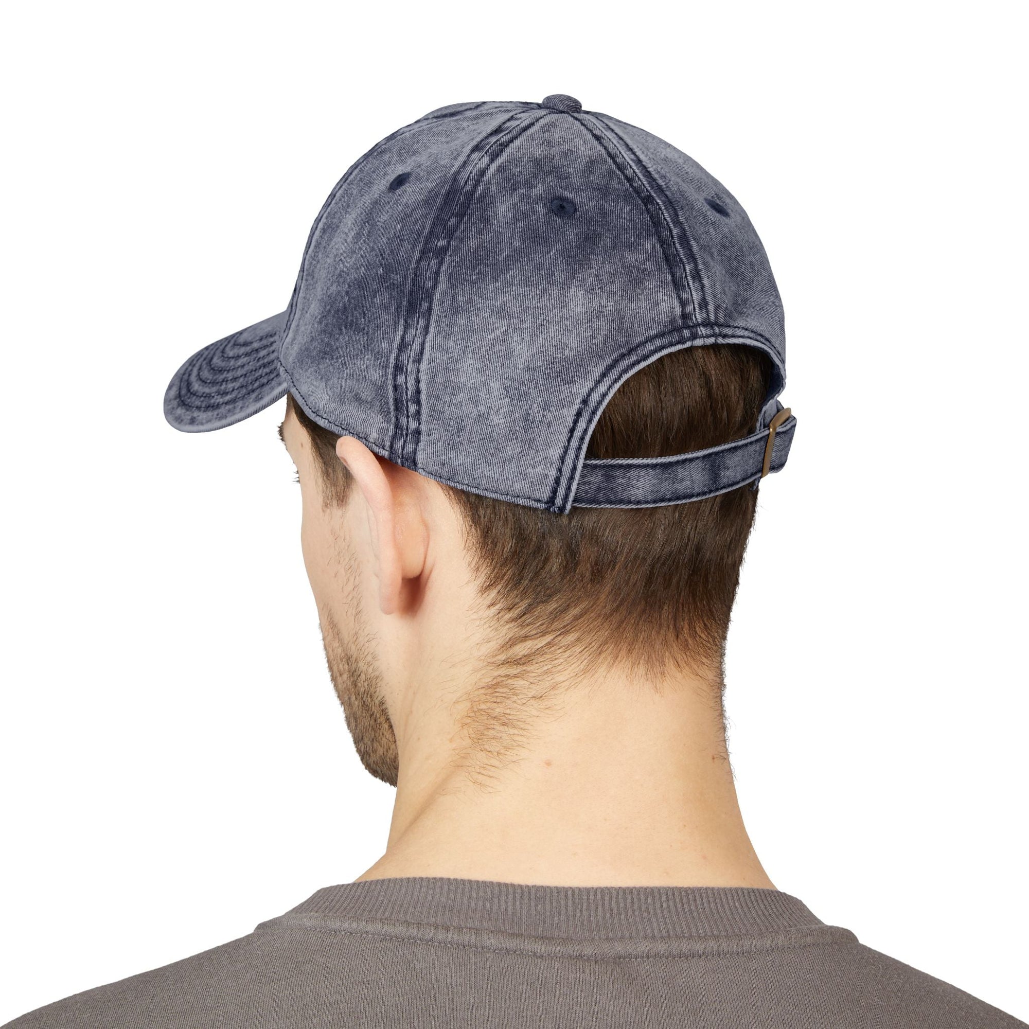 Rear view of a person wearing a distressed navy blue Muala® "sunday pizza" Cap with adjustable strap and breathable eyelets
