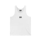 White all day summer jersey tank top with small black muala logo on chest, lightweight and unisex design for casual comfort and versatile summer wear